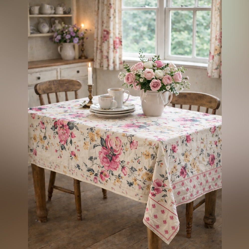 🌸 Vintage Floral Cotton Textile Yardage Pink Roses English Cottage Spring Table